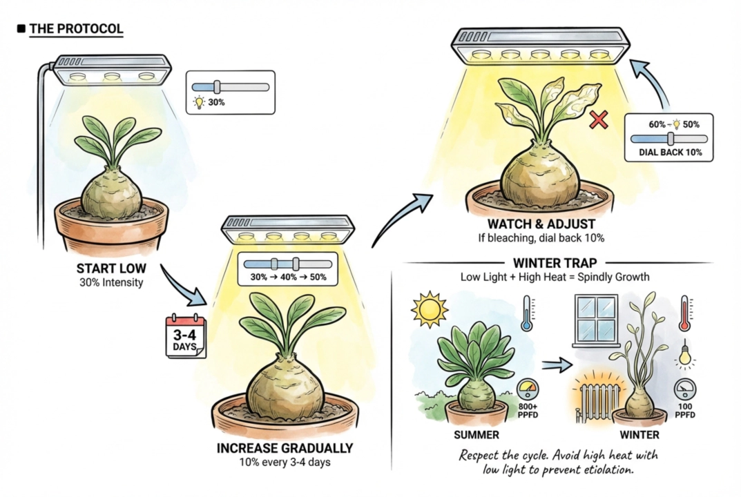 Timeline schedule for gradually increasing light intensity over weeks.