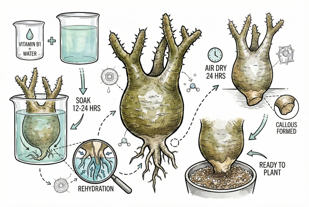 Soaking bottom of plant in vitamin B1 solution