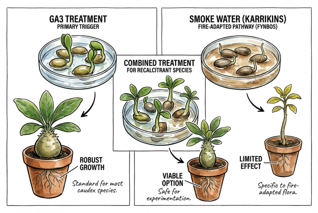 Smoke water versus Gibberellic Acid usage chart for different plants