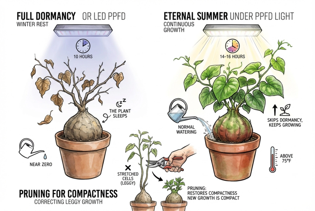 Comparison of full dormancy versus eternal summer growth conditions.