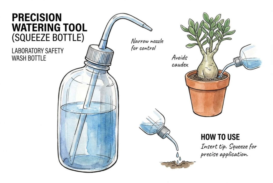 Squeeze bottle watering soil edge away from caudex
