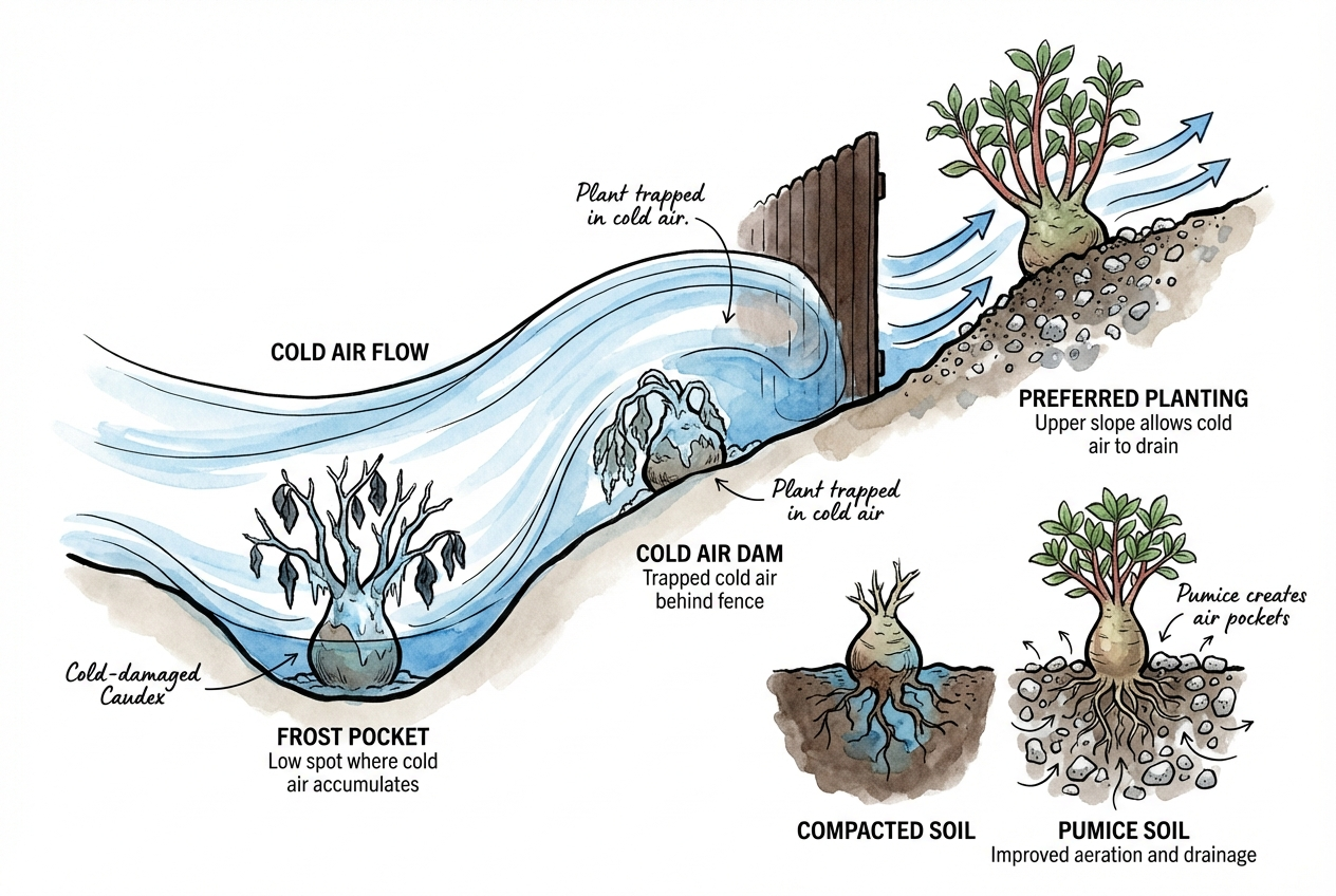 Diagram of cold air draining down a slope away from plants