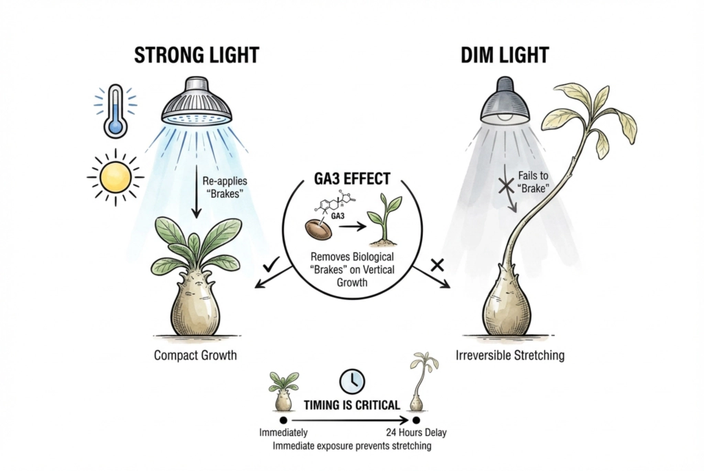 Strong LED lighting setup for preventing leggy caudex seedlings