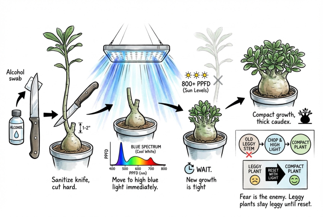 Step-by-step diagram of pruning a leggy caudex stem.