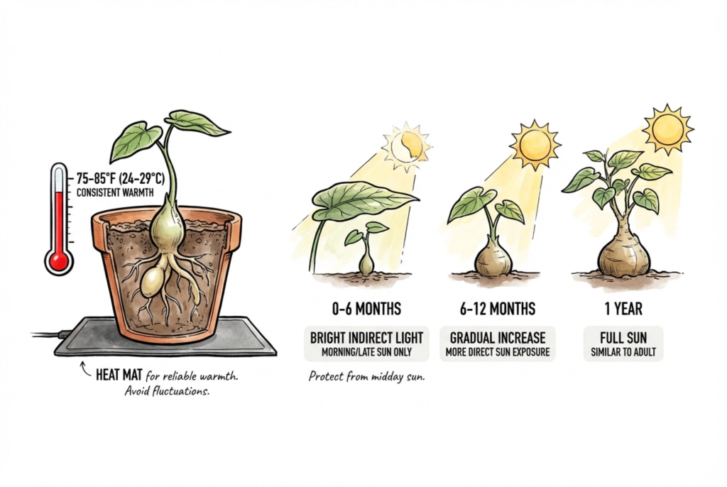 Optimal conditions for caudex plant seedling growth