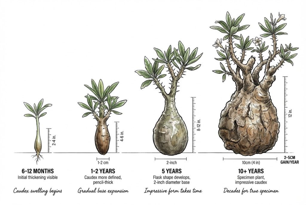 Caudex development timeline from seedling to mature plant