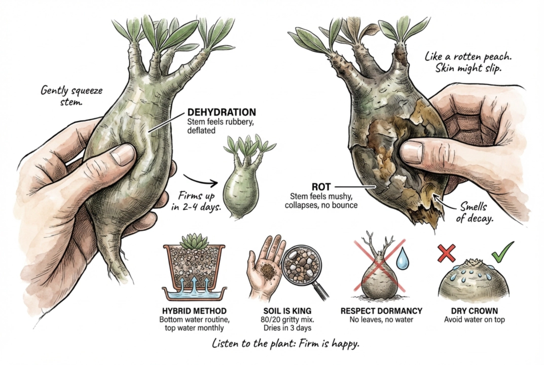 Hand gently squeezing a caudex stem to check firmness