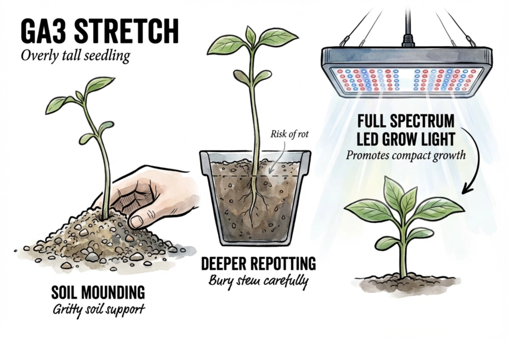 Support methods for stabilizing tall etiolated caudex seedlings