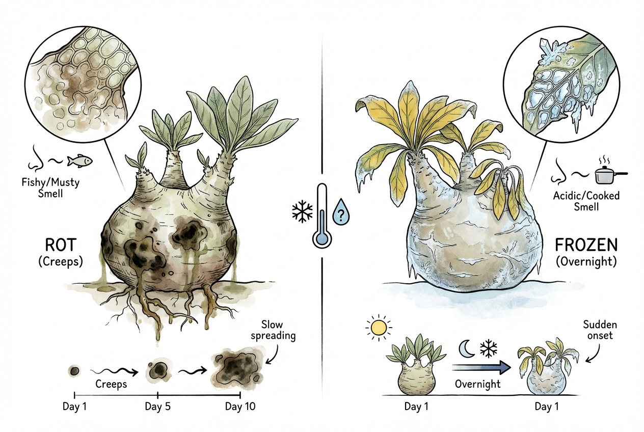 Visual comparison of frost damage versus root rot symptoms