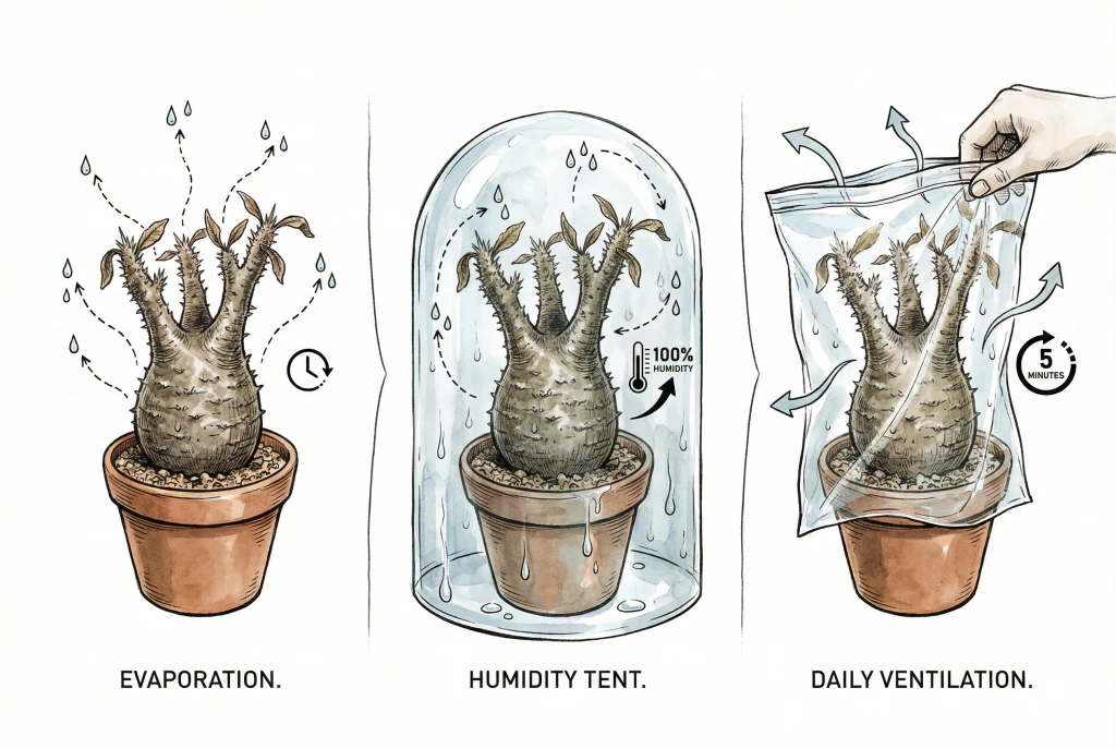 Plastic humidity dome covering potted Pachypodium