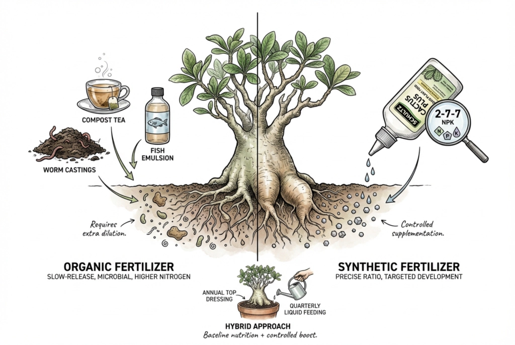 Organic versus synthetic fertilizer options for caudex plants