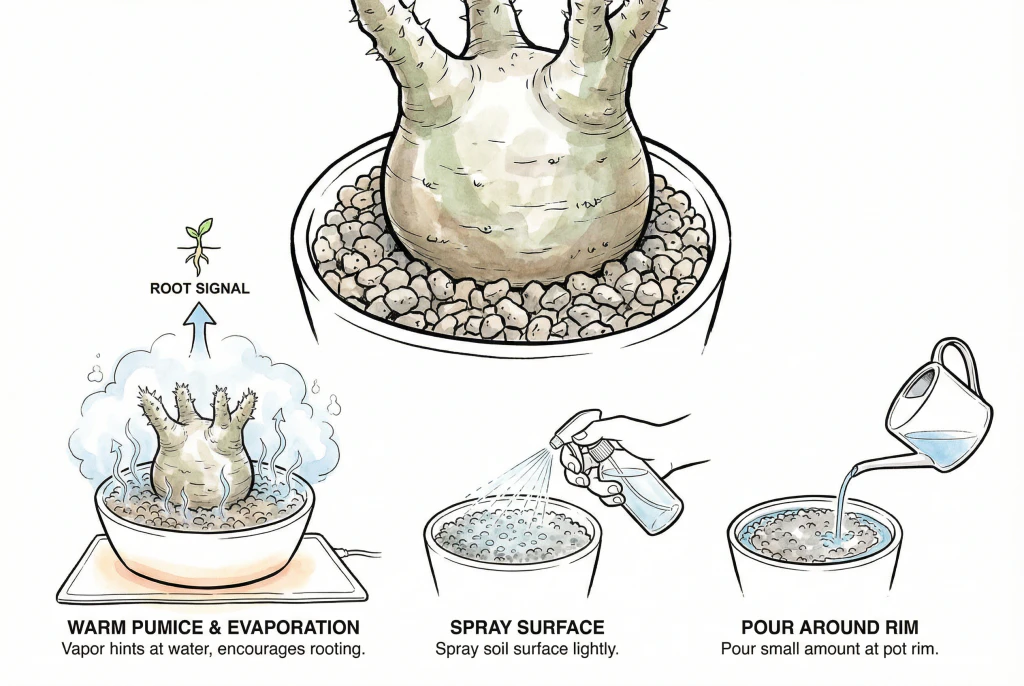 Lightly watering pumice soil around pot rim