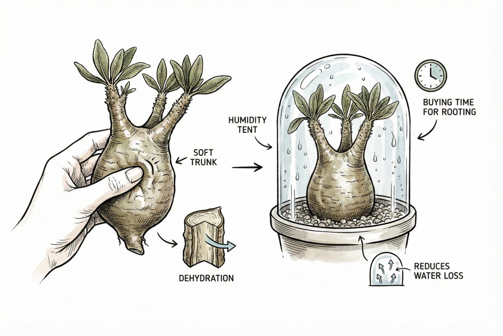 Squeezing caudex to test for softness and dehydration