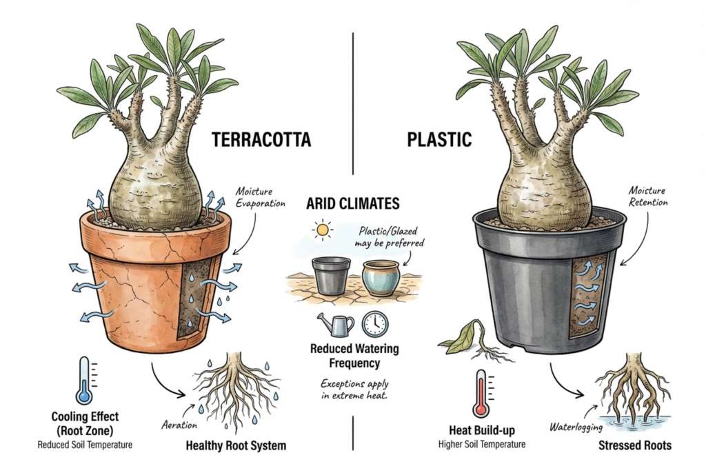 Terracotta versus plastic pot benefits for caudex plants