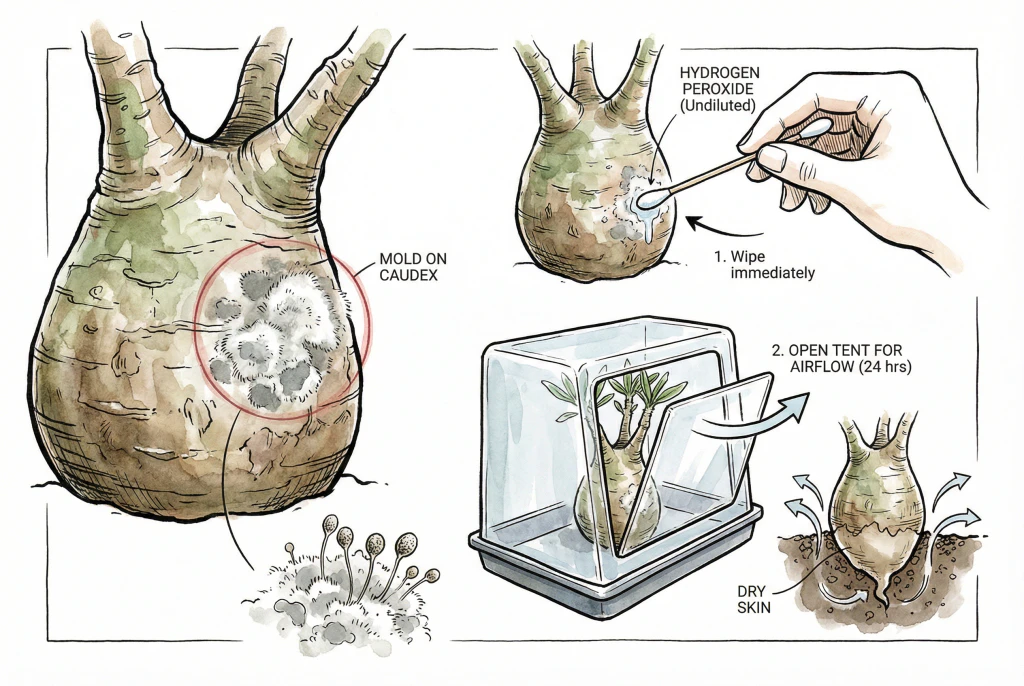 Treating mold on caudex skin with hydrogen peroxide