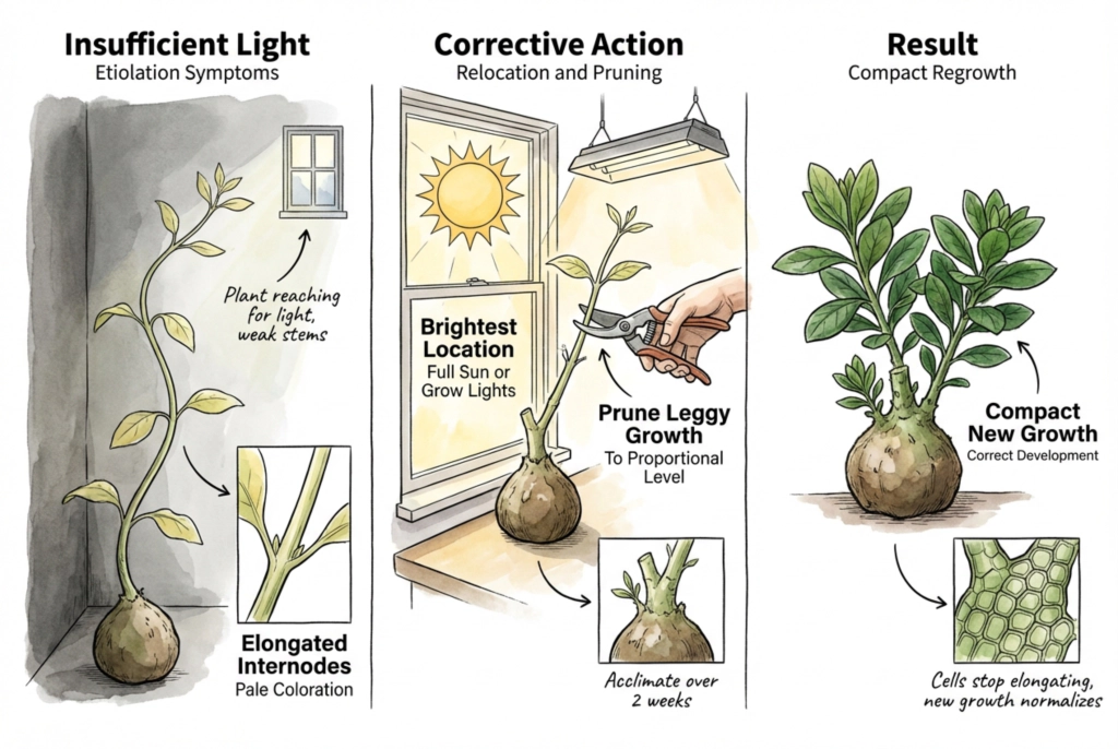 Etiolation symptoms from insufficient light exposure