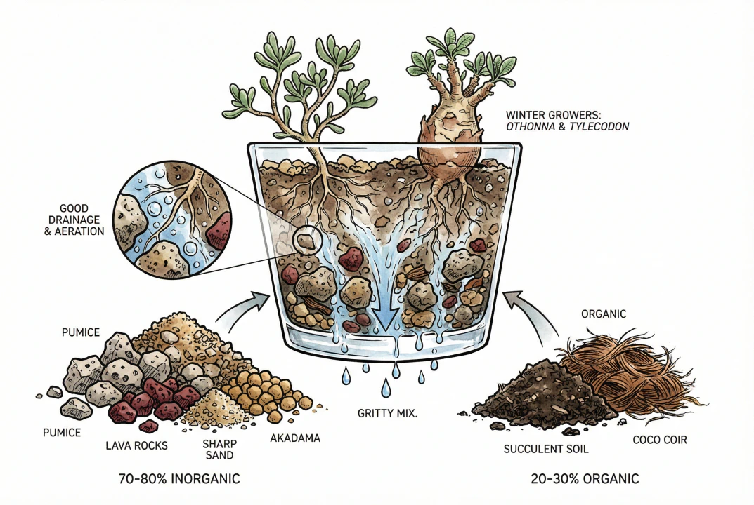 Ingredients for gritty succulent soil mix including pumice and lava rock

