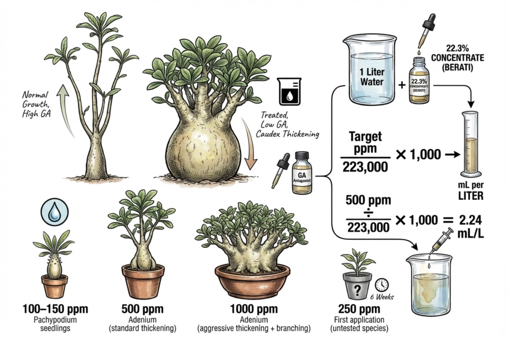 Dosing guide for paclobutrazol soil drench at 250, 500, and 1000 ppm concentrations
