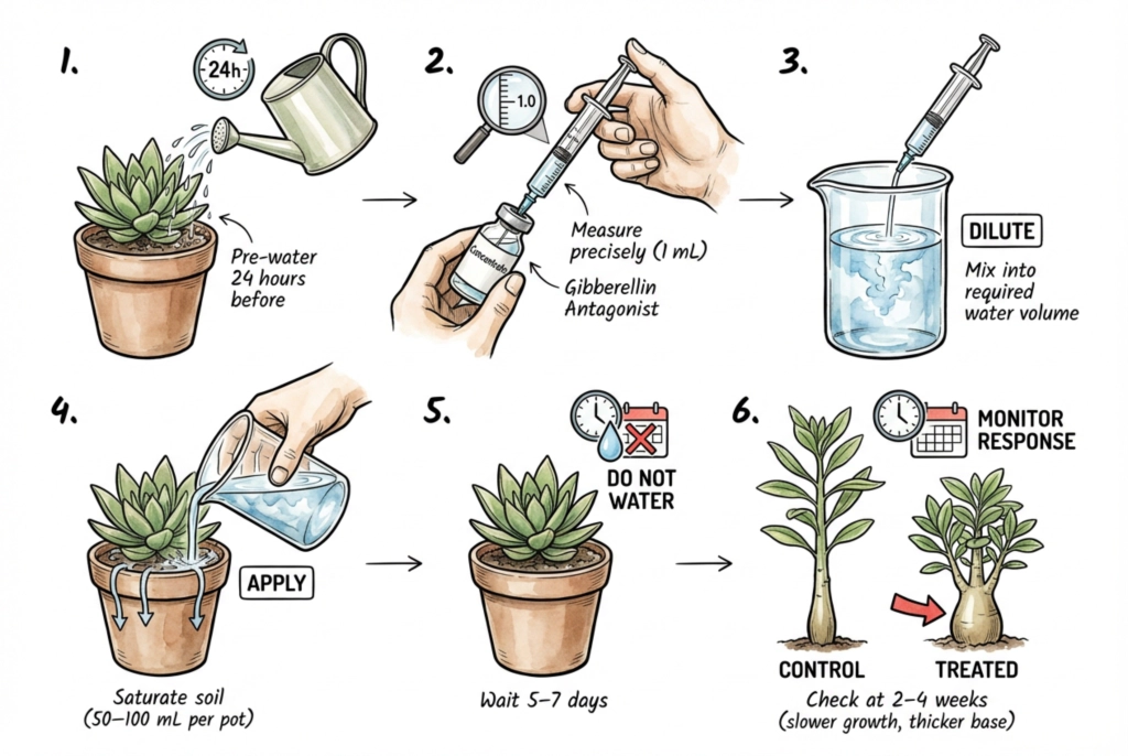 Step-by-step soil drench application on a potted Adenium caudex plant
