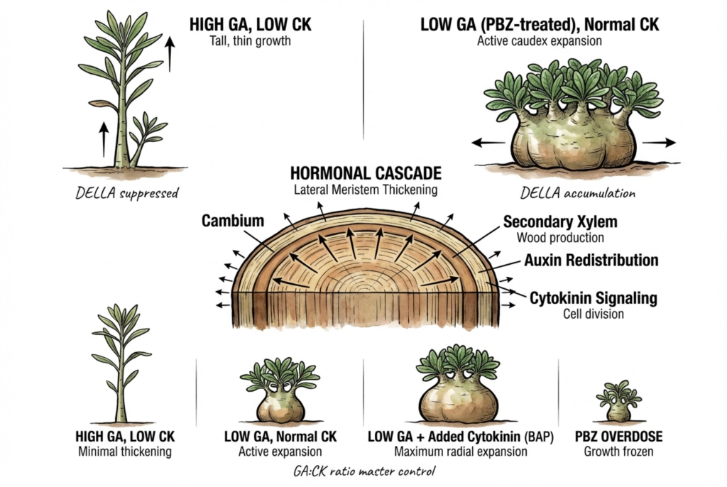 Hormone balance diagram showing GA cytokinin auxin interactions in caudex plants