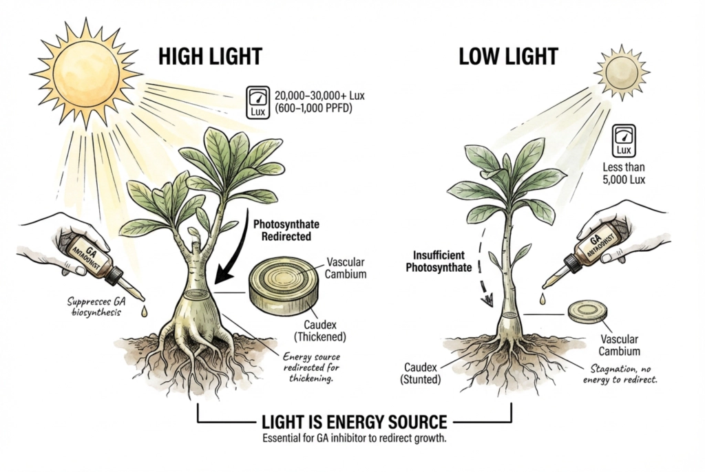 Lux meter reading showing 30000 lux light level recommended for caudex fattening