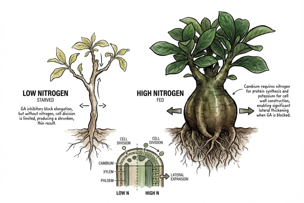 Fertilizer bottle and caudex plant showing correct nitrogen supplementation during PBZ treatment
