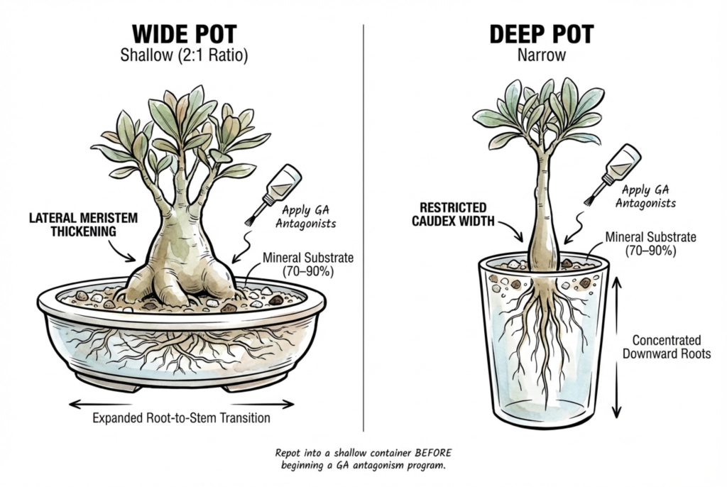 Wide shallow bonsai pot versus deep narrow pot effect on caudex base expansion