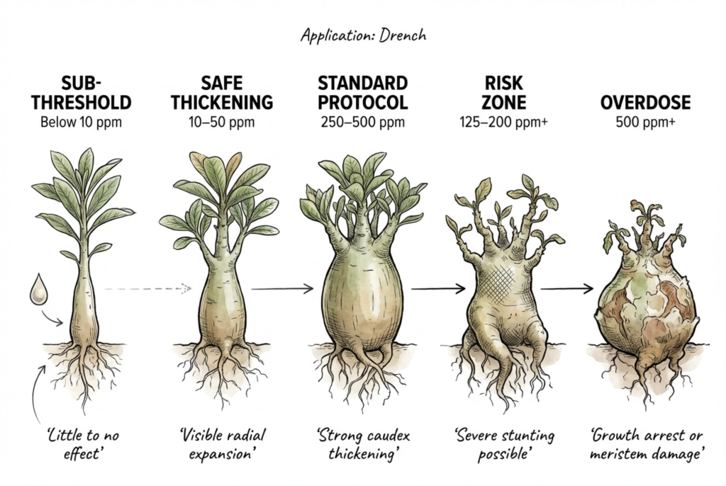 Dosage zone chart from sub-threshold through overdose concentrations for caudex plants