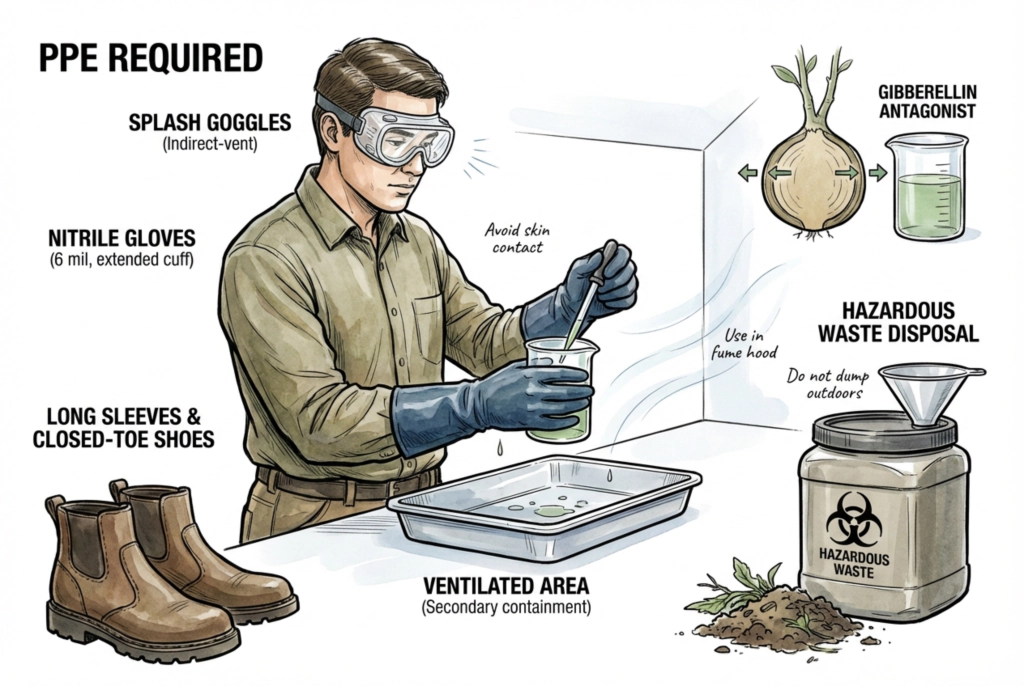 Required PPE for paclobutrazol handling including nitrile gloves and chemical goggles
