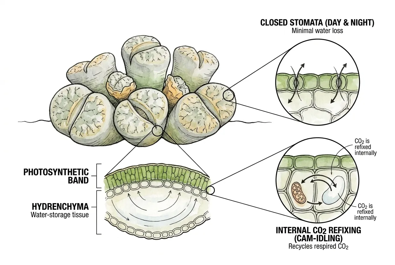 Lithops leaf cross-section showing translucent window over water-storage core