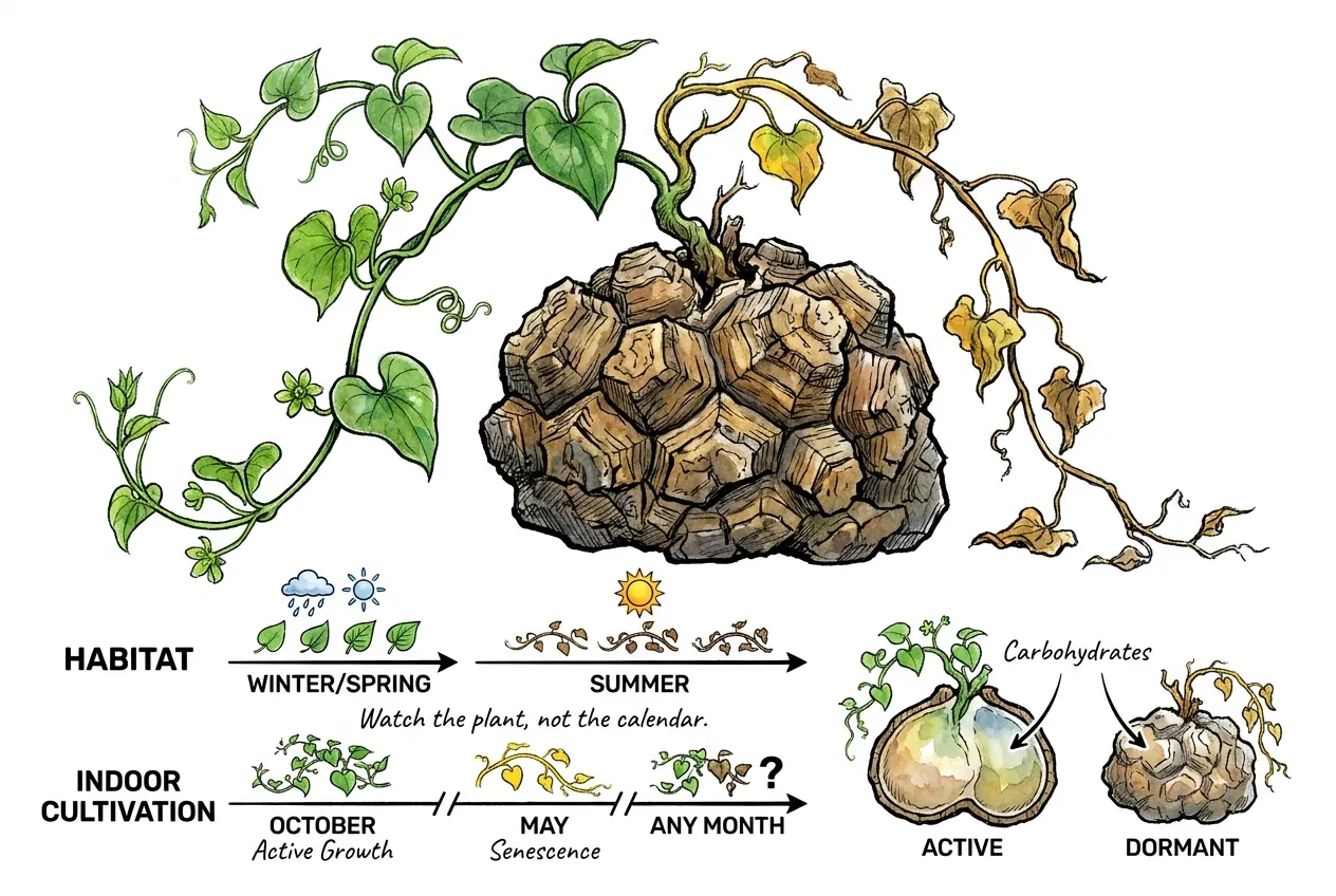 Dioscorea elephantipes caudex with seasonal vine cycle indicators