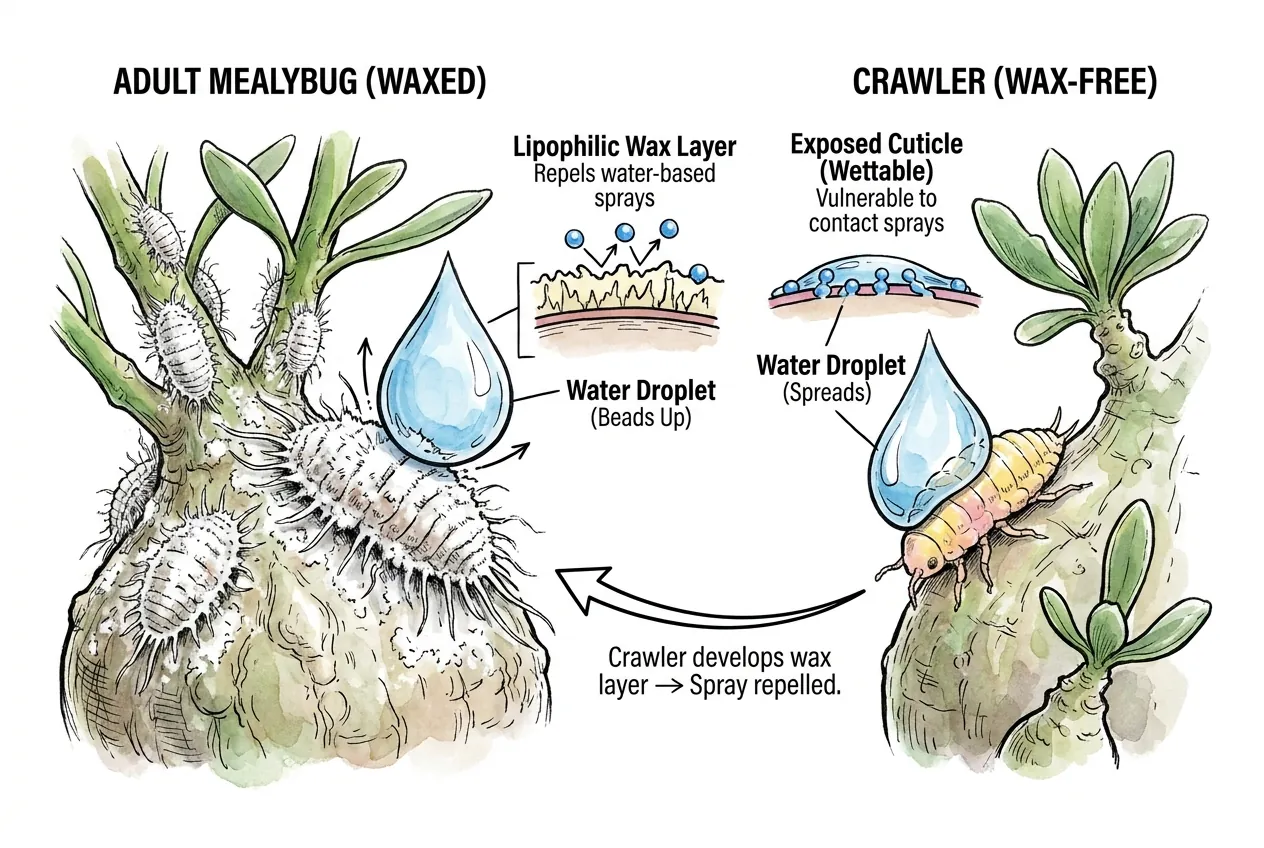 Water droplet beading off a mealybug's white waxy coating