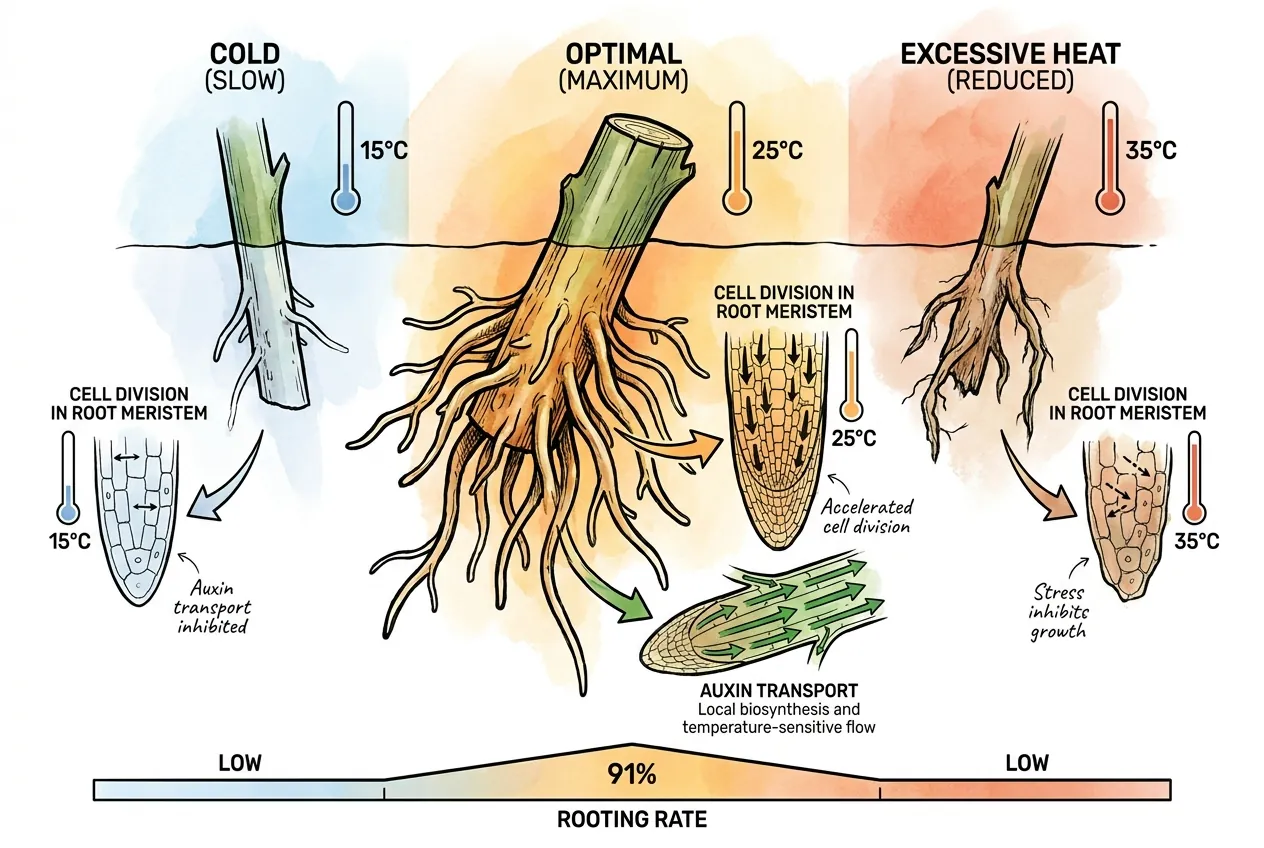 Rooting success rising to a peak near 25 to 30 C then falling off as soil temperature climbs higher