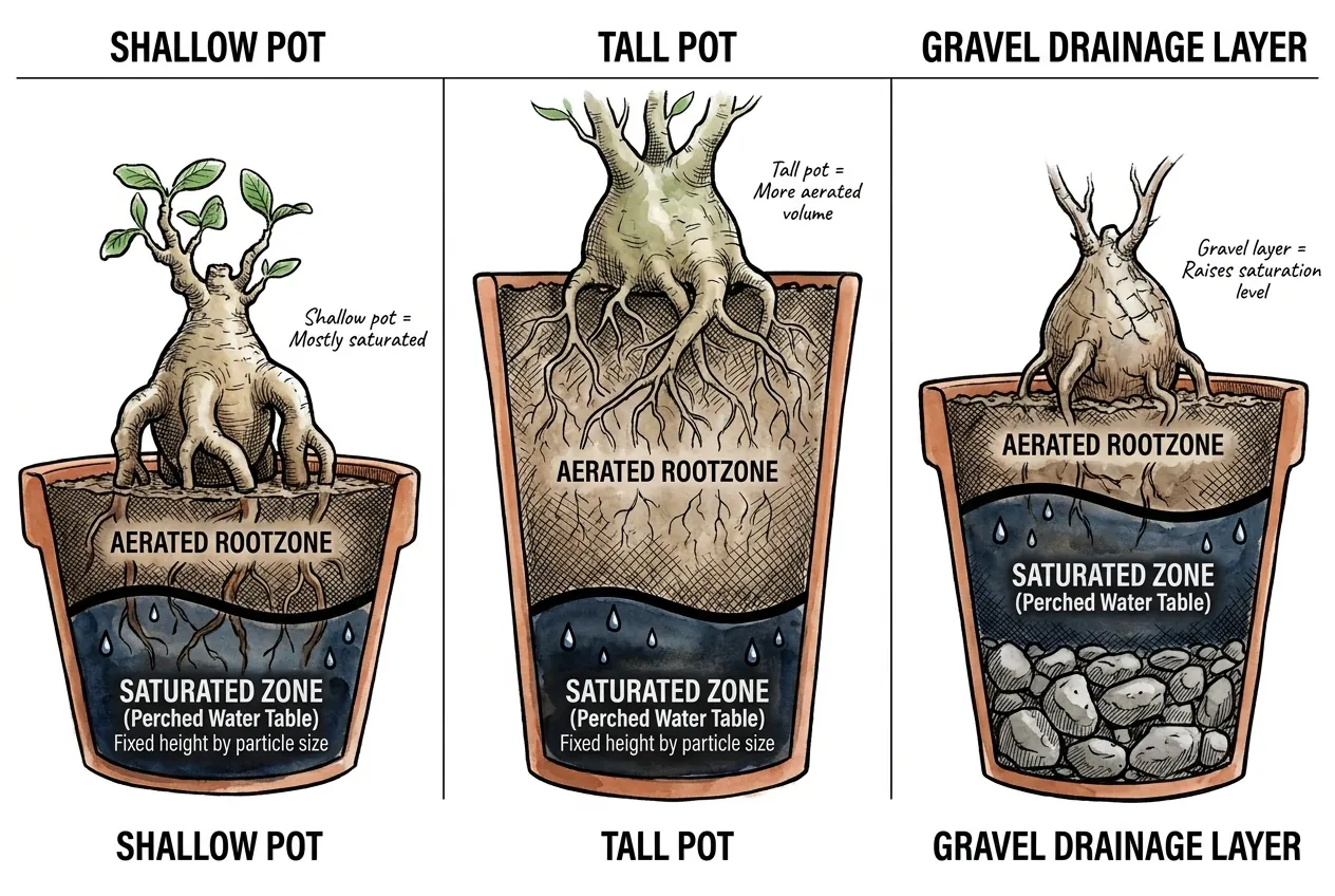 Saturated perched water table band at pot base, showing more air-filled porosity in a taller pot