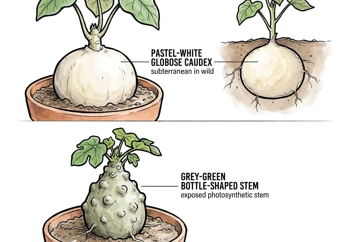 Pale globose cathartica caudex beside grey-green knobby podagrica bottle stem