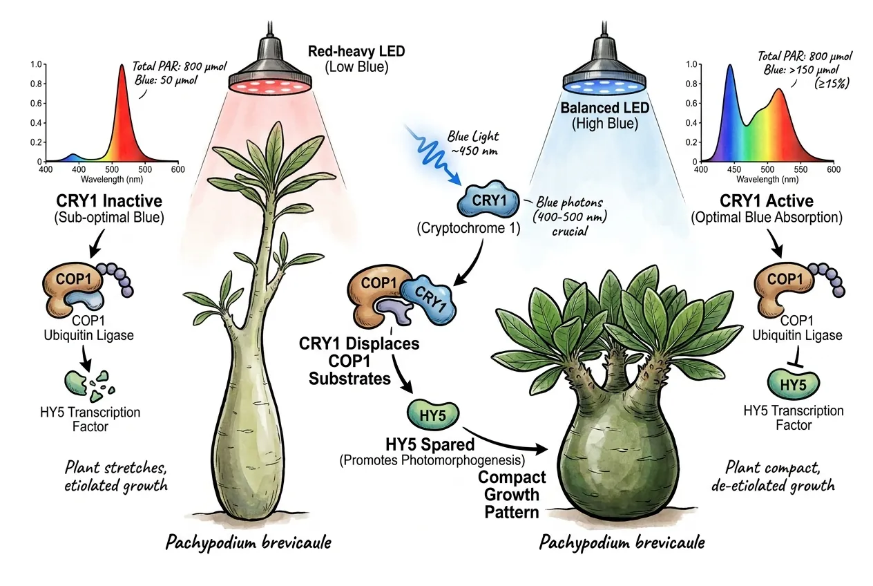 Blue light activating cryptochrome to inhibit COP1 elongation switch