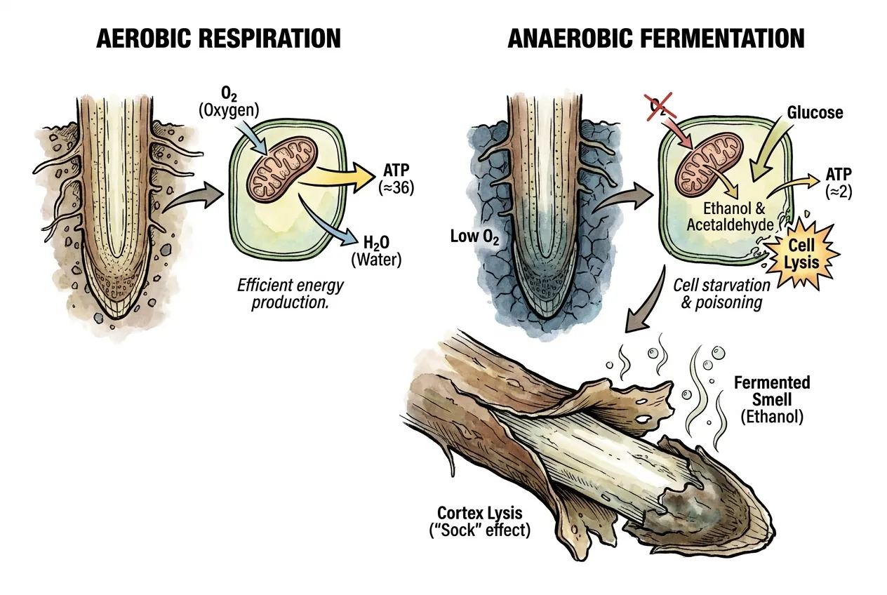 Botanical illustration for: What happens when roots switch to anaerobic fermentation?