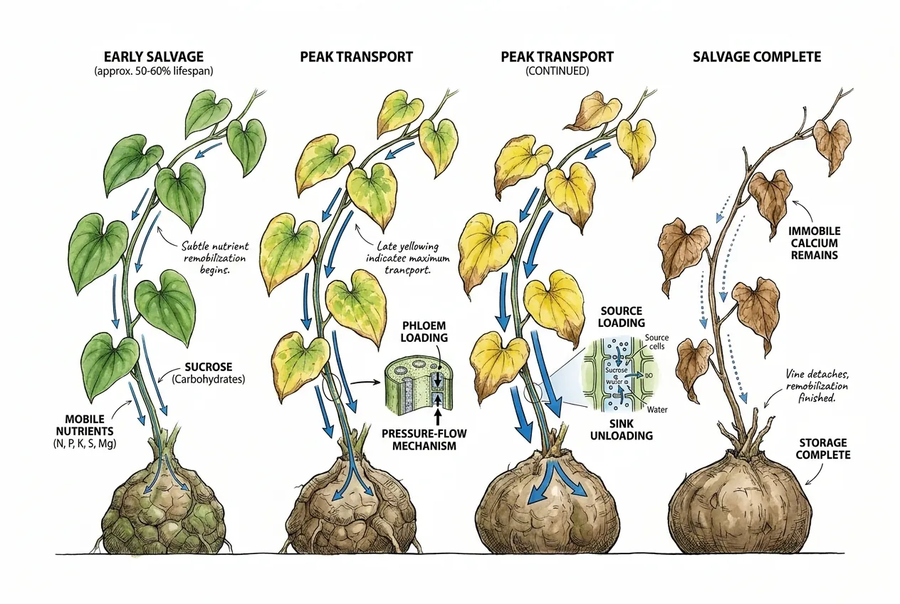 Vine leaves yellowing as nutrients move toward caudex storage