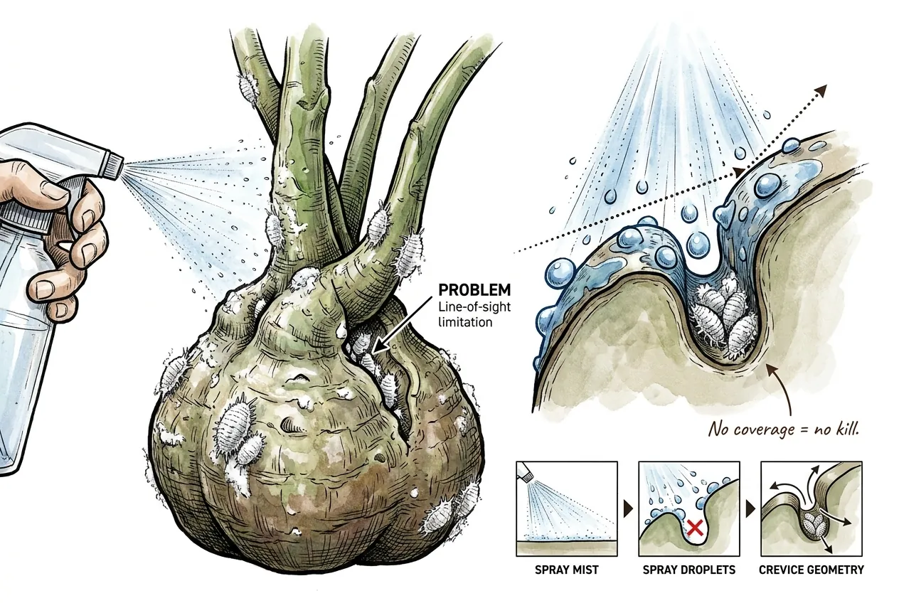 Spray droplets missing a colony tucked inside a caudex fold