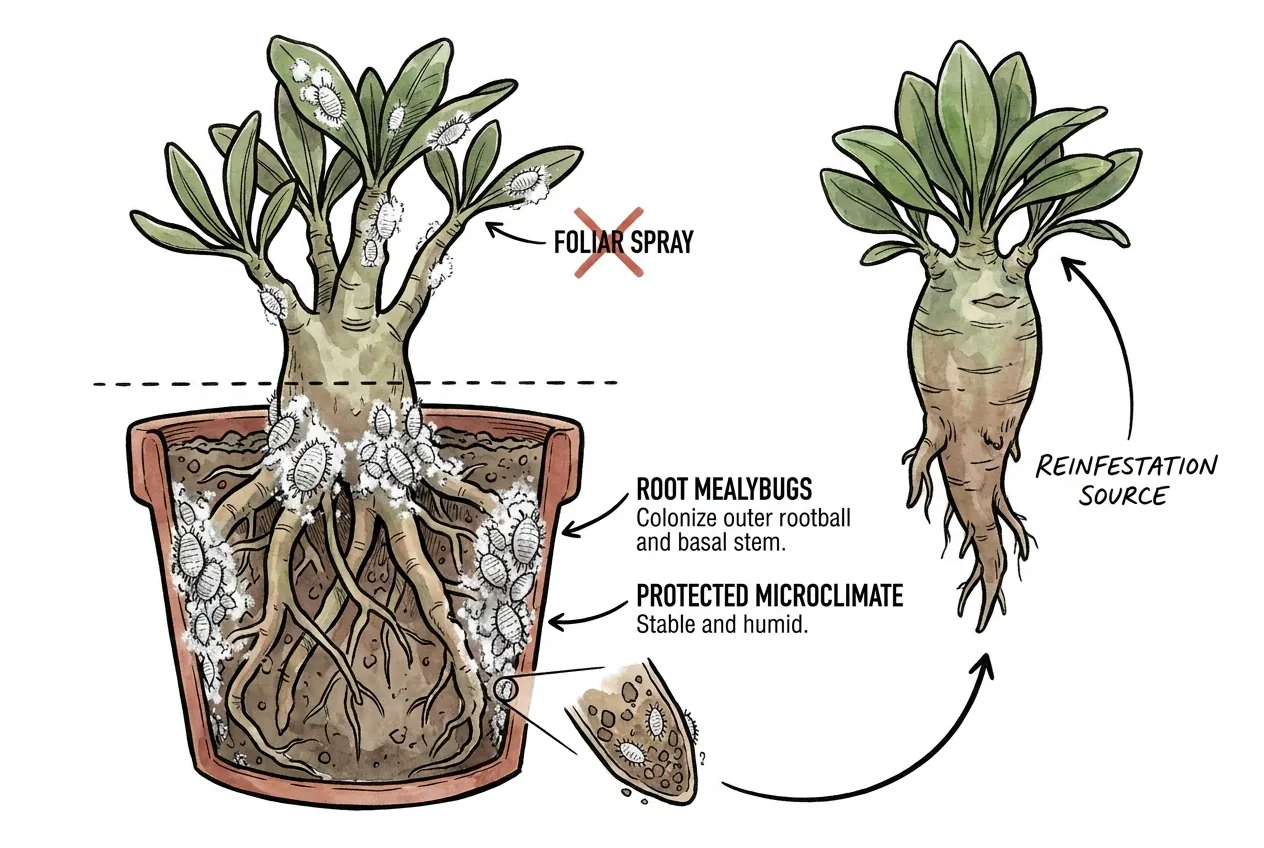 Root mealybugs with white wax on the outer rootball