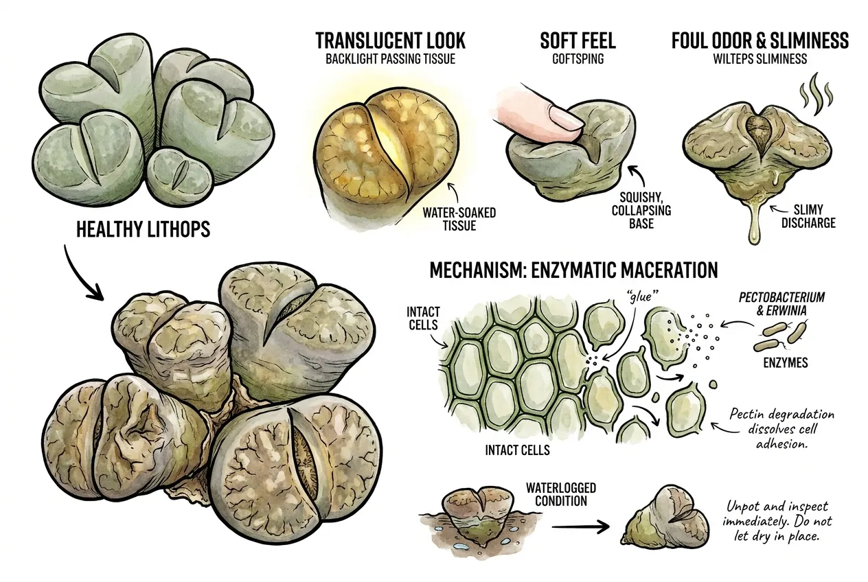 Rotting Lithops with translucent water-soaked mushy tissue collapsing at the base
