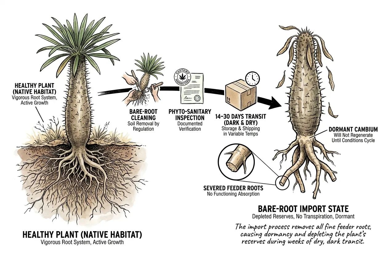 Botanical illustration for: What does the import process do to the root system?