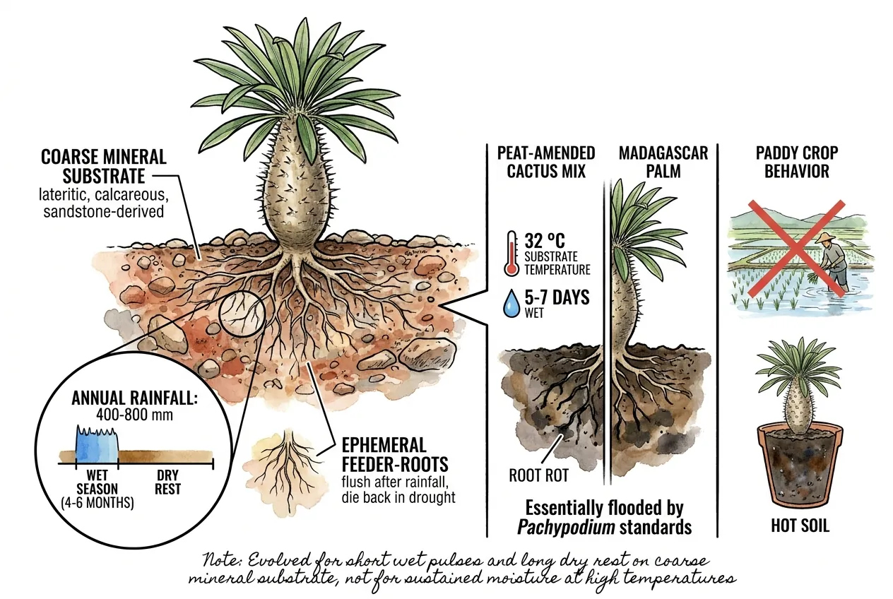 Botanical illustration for: What is the native substrate Pachypodium lamerei evolved on?