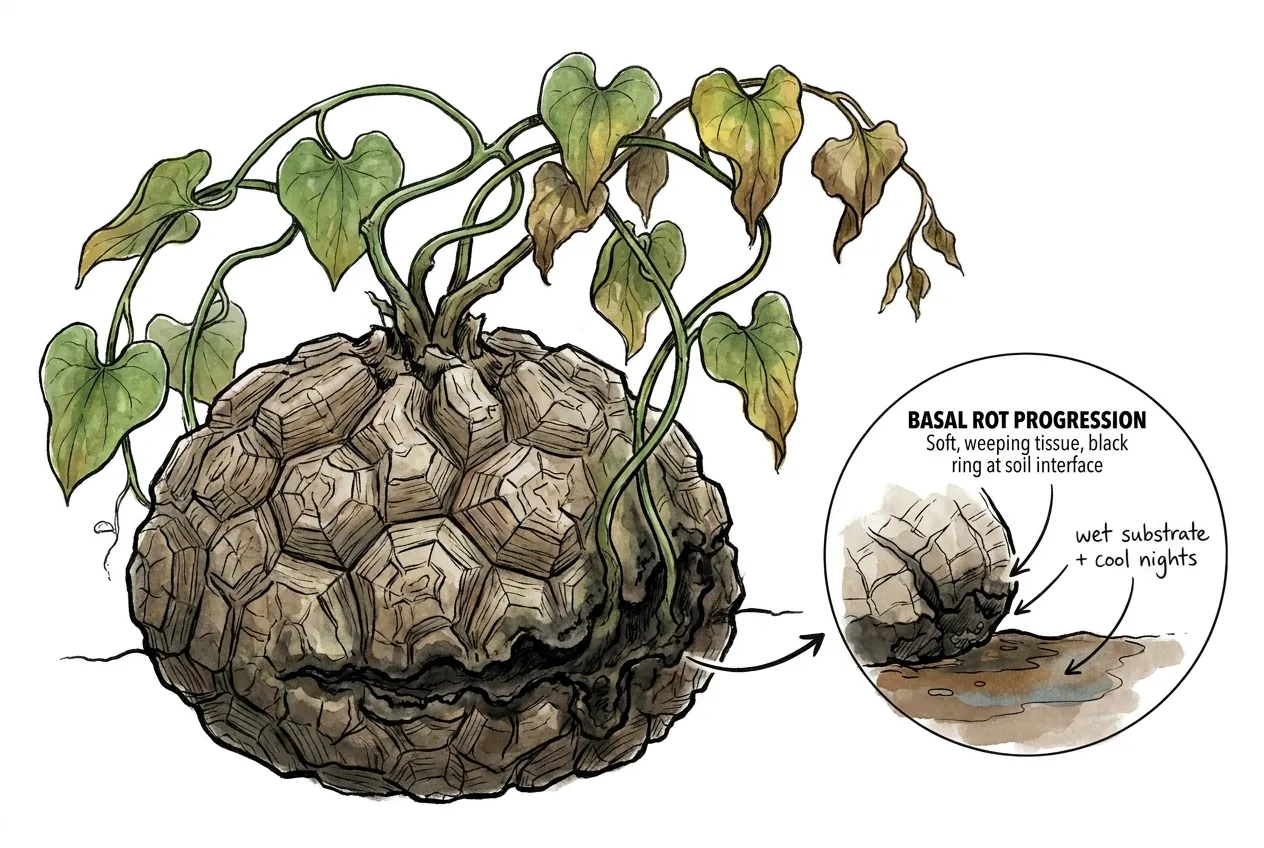 Caudex shoulder darkening at soil interface from basal rot
