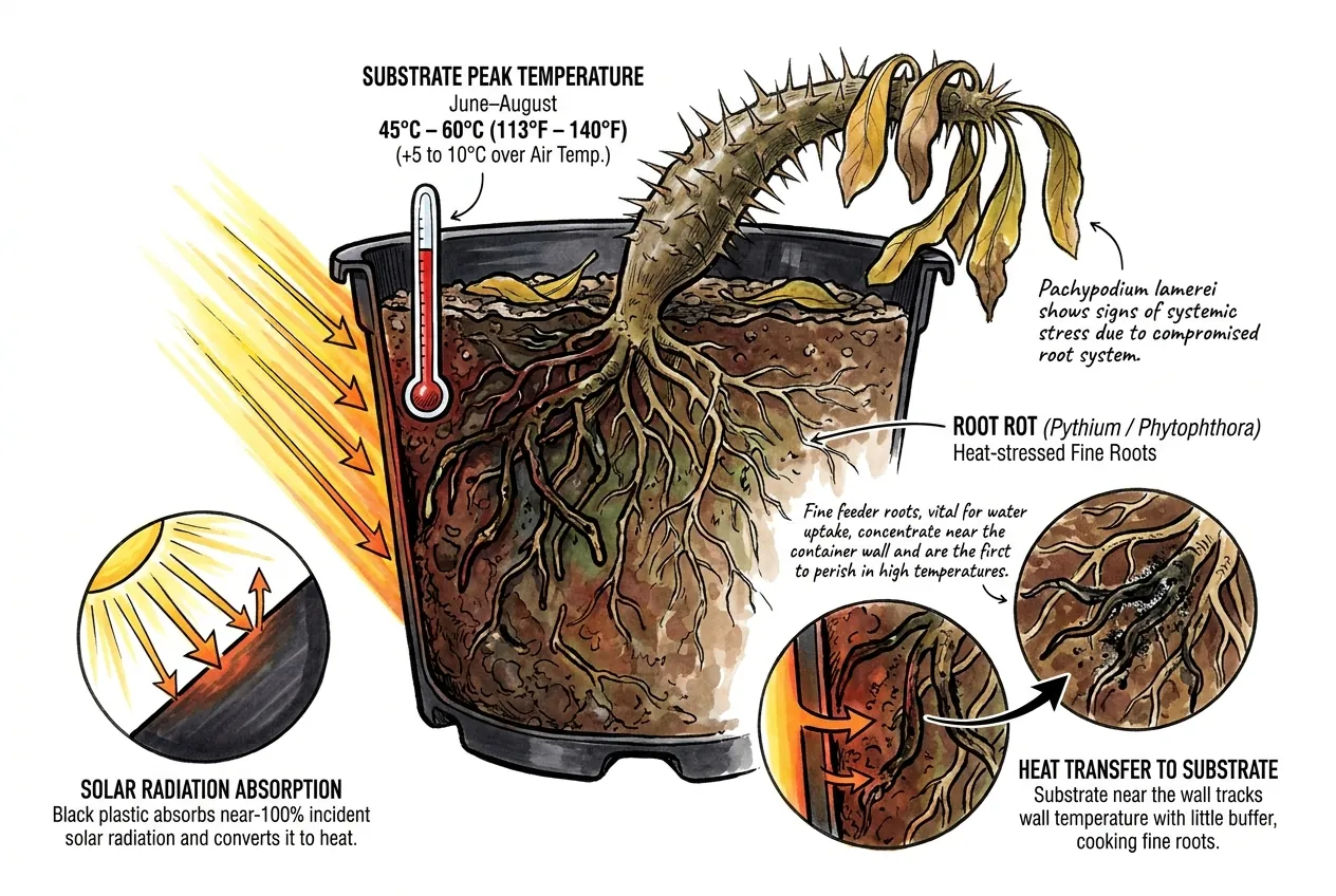 Botanical illustration for: How hot do black plastic pots actually get in summer sun?