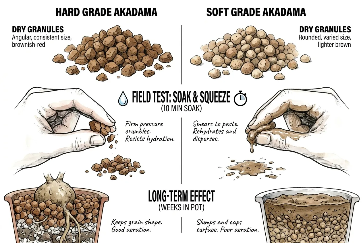 Squeeze test on soaked akadama granules, hard grade resisting while soft grade smears to paste