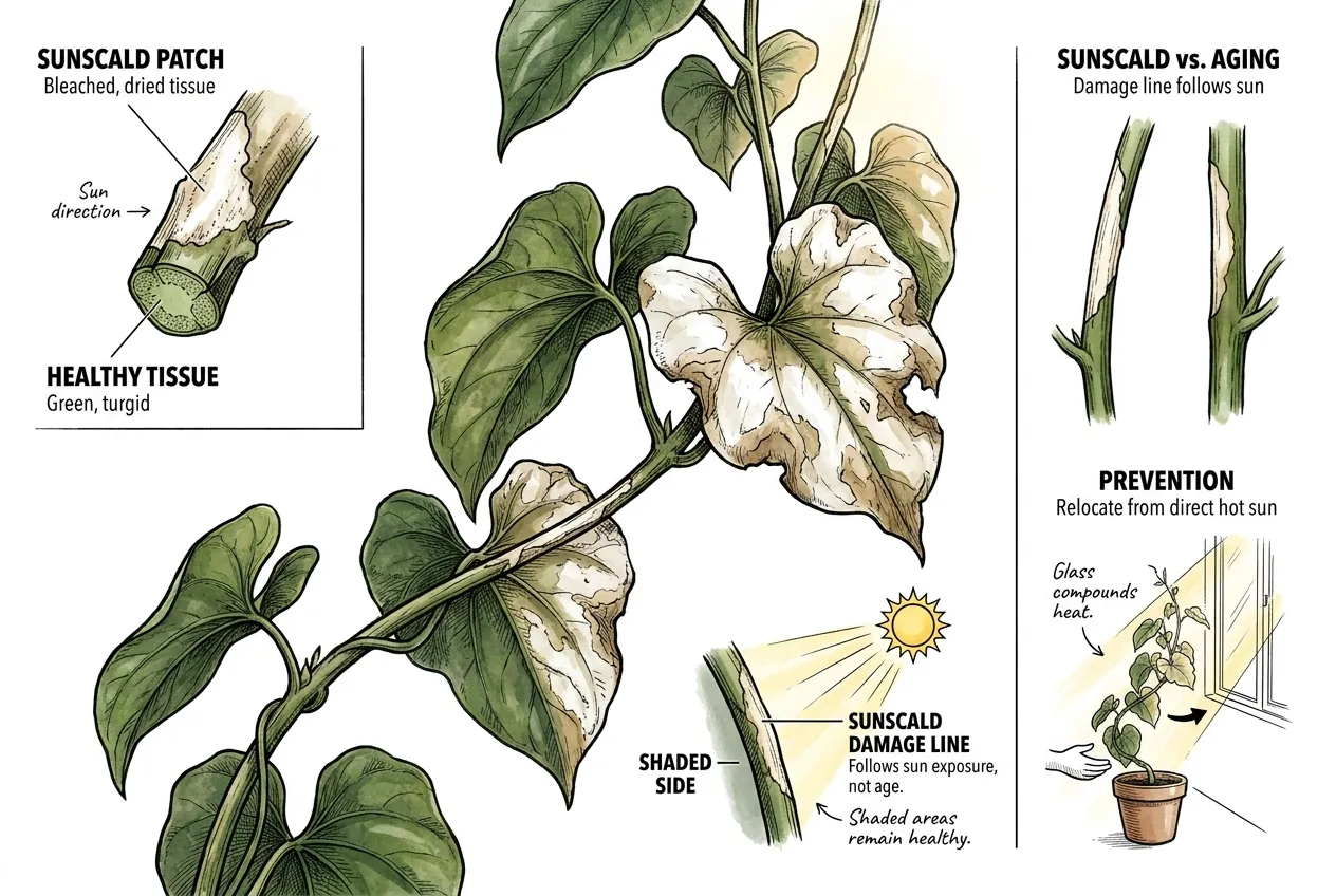 Bleached pale patches on sun-facing side of vine