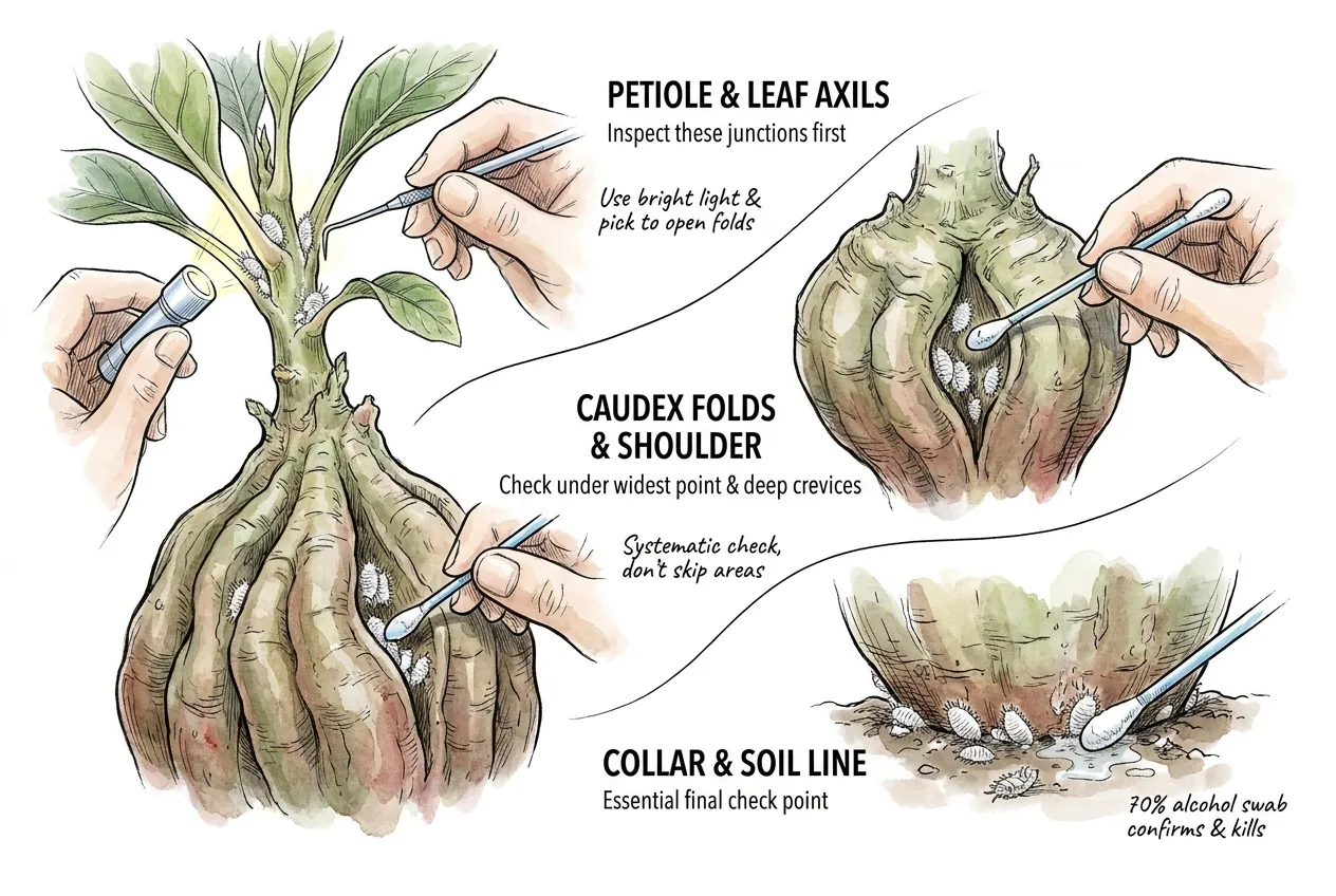 Inspecting caudex axils, folds, and soil collar top to bottom
