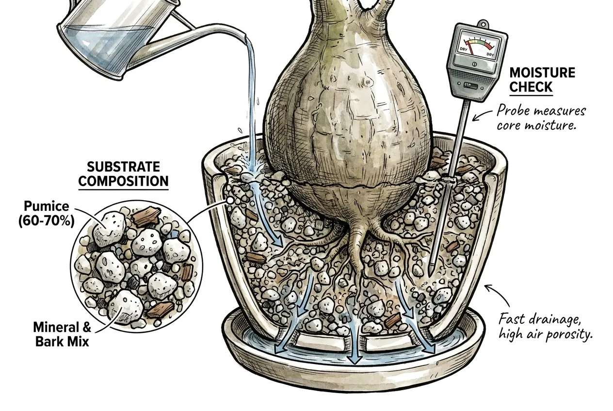 Gritty pumice mineral mix draining fast around a potted caudex root zone