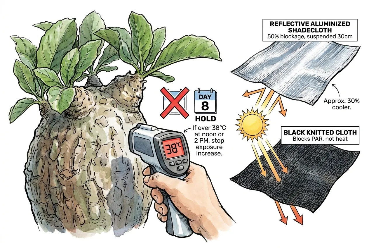 Infrared thermometer reading caudex surface at 38 C as the acclimation abort threshold.